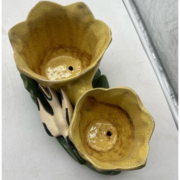 Vintage McCoy Planter Double Tulip With Swallow 1940s Ceramic 7" H Yellow - Picture 4 of 6
